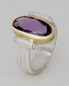 Ionic Scroll Ring with silver shank and an Amethyst set in 18K gold